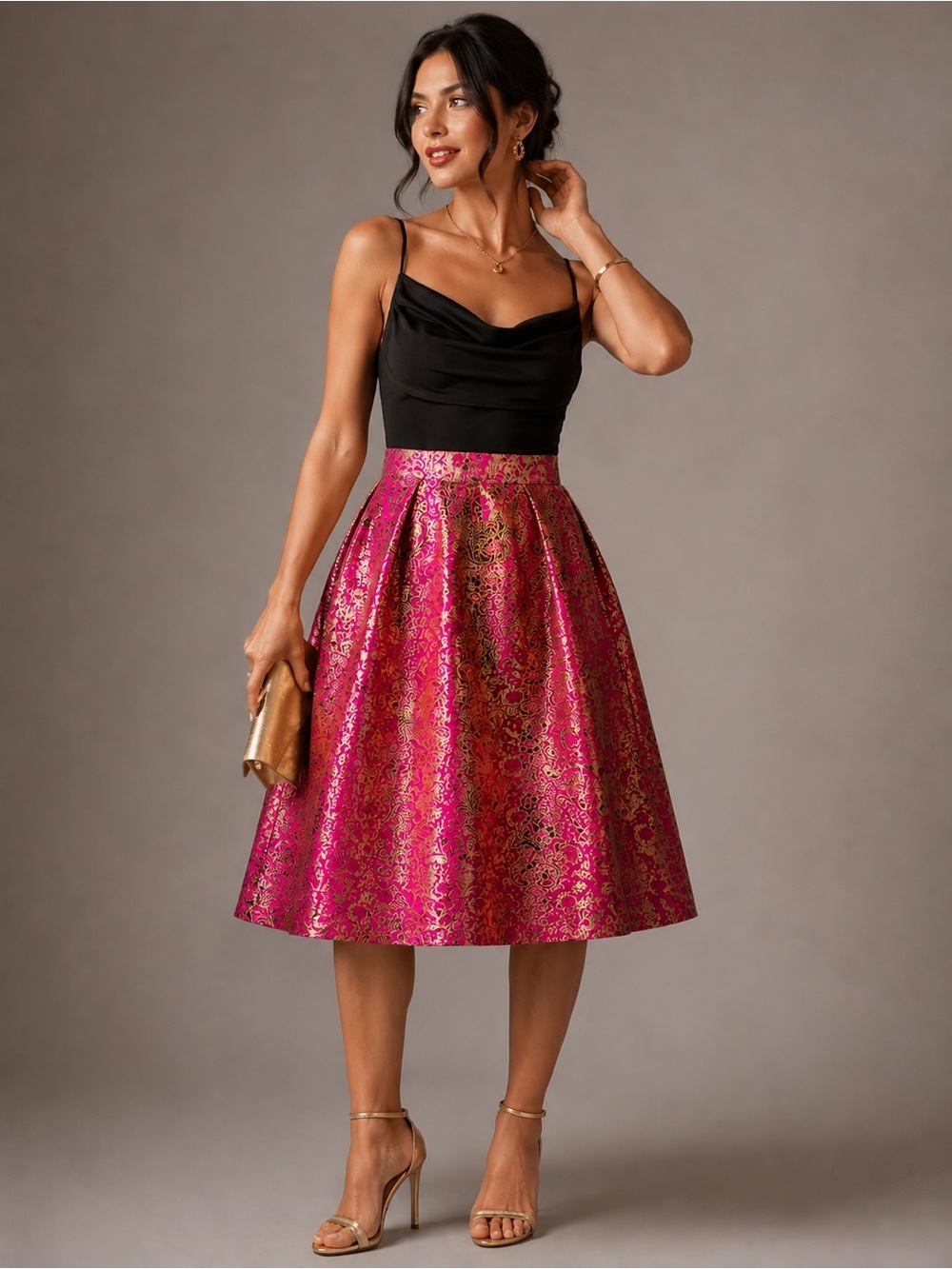 Shabby Apple Pink & Gold Brocade A-Line Metallic Floral Jacquard Midi Skirt 8